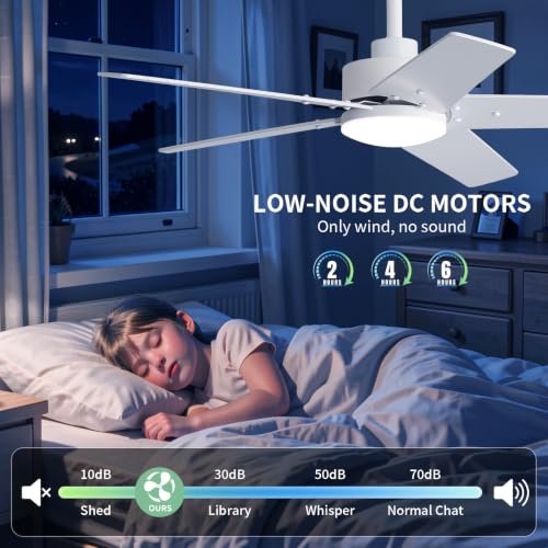 Image of 42 Inch Ceiling Fans with Lights and Remote for Bedroom Living Room Kitchen Home Office Indoor /Outdoor, 6CCT Dimmable, Dual Color 5 Blades, 6 Speed Reversible Quiet DC Motor, White /Wood Grain