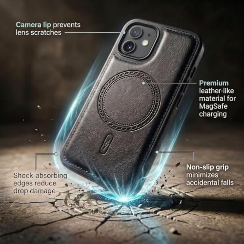 Image of amazon basics Premium PU Leather Case for iPhone 12, MagSafe Compatible Magnetic Ring, Sleek Protective Back Cover - [Black]