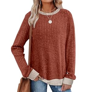 Sampeel Womens Tops Long Sleeve Shirts Lightweight Sweaters Loose Fit Crewneck Color Block Fall Fashion Outfits