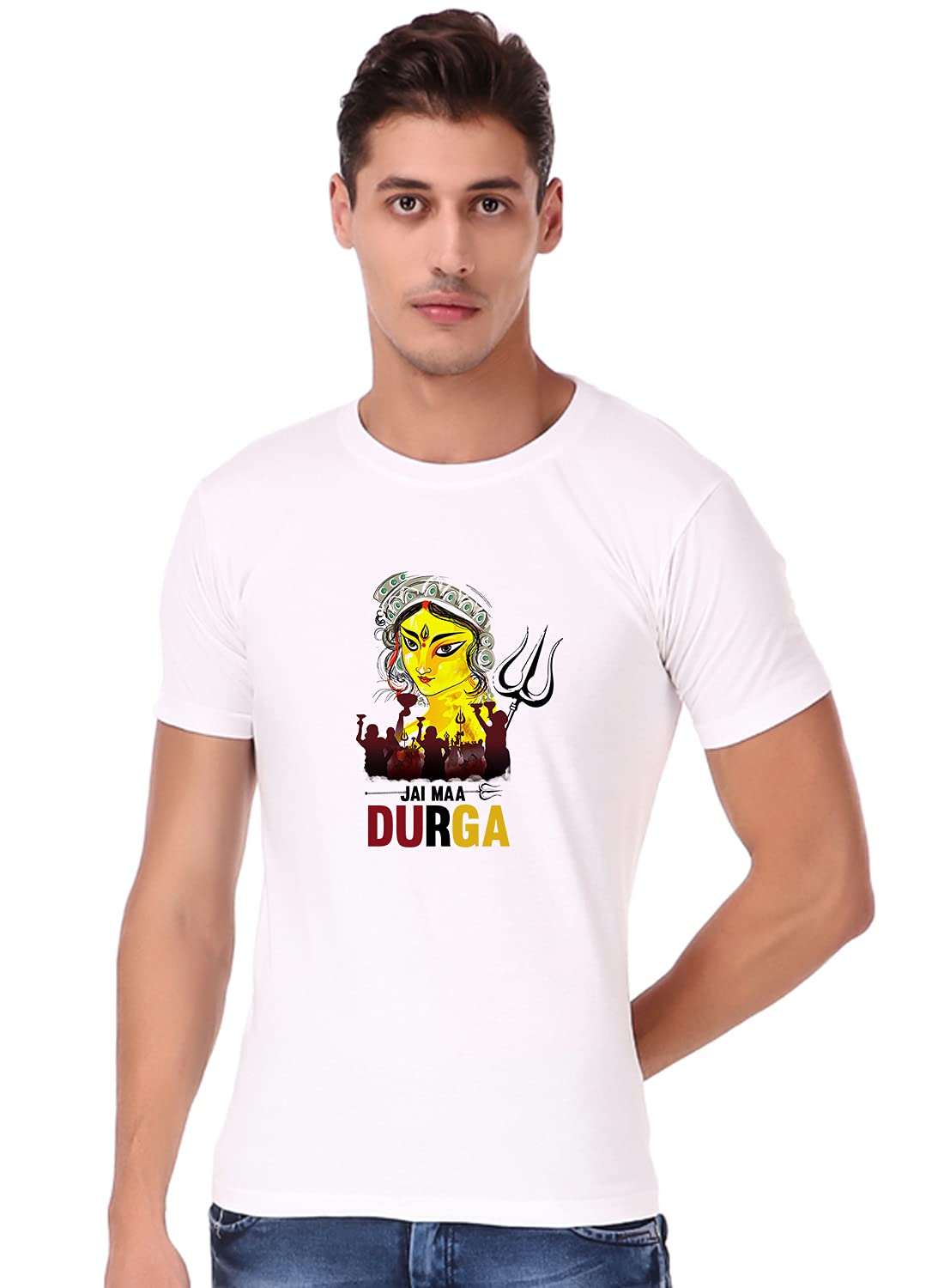 PrabhubhaktiMen's Casual Stylish Devotional Jai Maa Durga Colorful Navratri Garba Night Special Graphic Printed Tshirt|Regular fit Half Slevees Round Neck Pure Cotton Black Color Tshirt