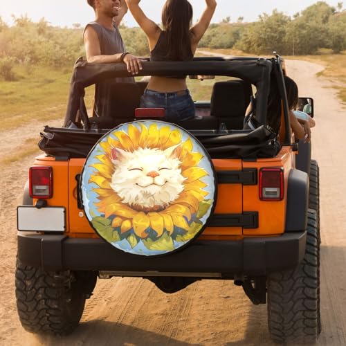 Image of Dujiea White Smiling Cat Like Sunflower Spare Tire Cover, Universal Wheel Tire Cover Waterproof Dust-Proof Tire Protectors for Trailer Rv SUV Truck Camper and Many Vehicle 14 15 16 17 Inch