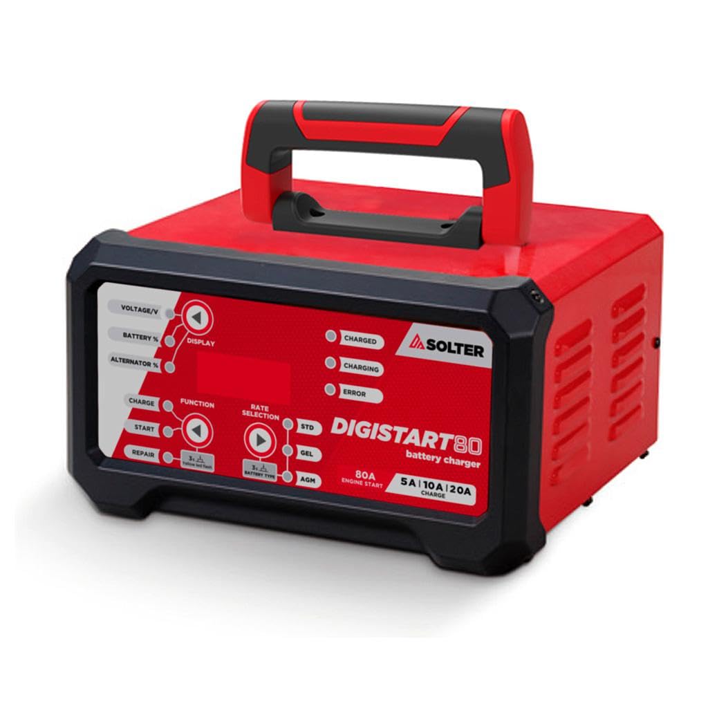 Solter Cargador arrancador baterías 12/24V, DIGISTART 80, Carga automática 10 etapas 5/10/20A, Arranque 80A 5 s, Modo reparación y Test alternador