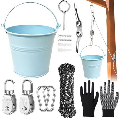 YeahBoom Flaschenzug mit Metalleimer,Zubehör fürs Baumhaus Spielturm,Riemenscheibe mit Eimerkabel,Riemenscheibensystem Spielturm Zubehör,mit Metalleimer Baumhaus Garten