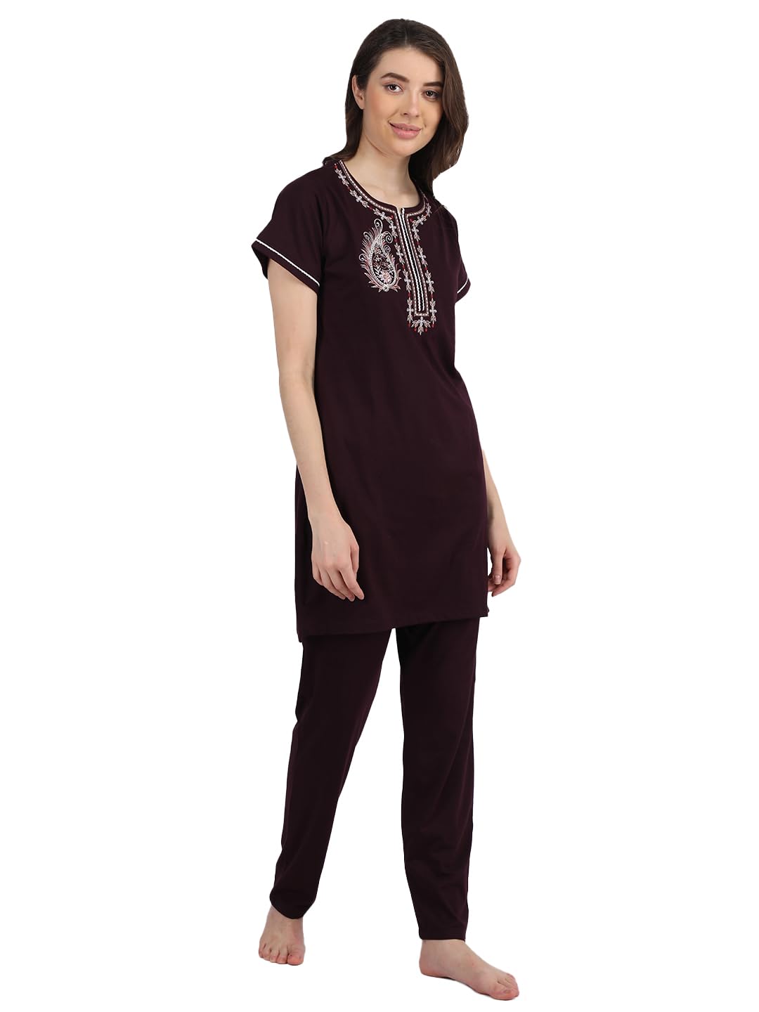 Duchess Women's Cotton Embroided Long Length Night Suit Set, 3xl ,WINE color - Image 6 thumbnail