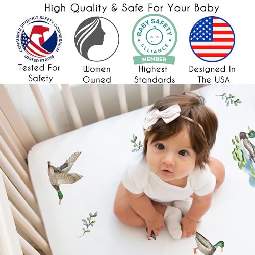 Image of Sweet Jojo Designs Fitted Baby Crib Sheets (Mallard Duck Cottagecore) for Girls /Boys, Infant Nursery, Toddler Room - Standard Size (Watercolor Ducks, Nature, Wildlife, Pond, Lake, Ducklings Lily Pads)
