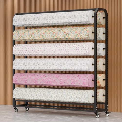 Large Textile Commercial Fabric Roll Storage Rack, 12-roll Movable Vinyl Paper Organizer with Adjustable Hanging Rods, Heavy-Duty Sewing Room/Curtain Studio Display