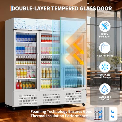 Image of 290 Gallon Three-Door Display Beverage Refrigerator with Lightbox, Metal Sheet Commercial Refrigerator with Adjustable Shelves, Locking Casters for Restaurants, Bars, and Retail Stores, White