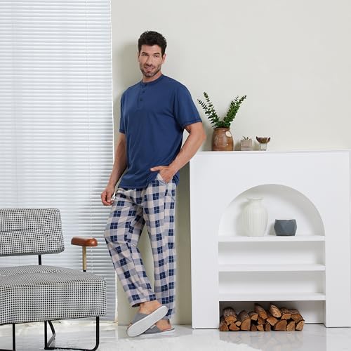 Keyocean Mens Pajama Set, Soft Cotton Short-Sleeve T-Shirt & Long Pants PJ Set for Sleeping3