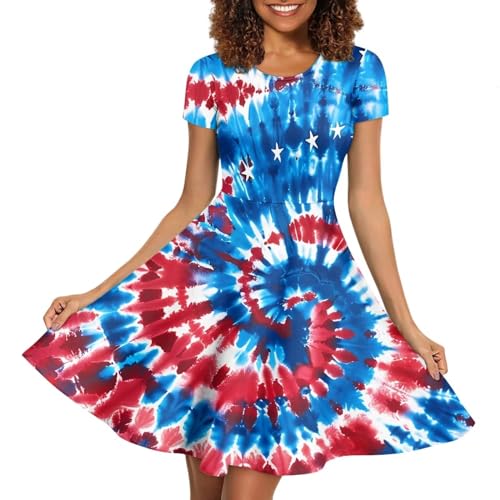 Image of POLERO Women Puffy Swing Elegant Party Midi Dresses Short Sleeve Round Neck A-Line Dress