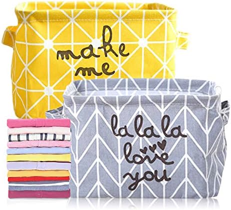 Keleily Small Fabric Storage Baskets 2Pcs Foldable Storage Baskets Organizer Collapsible Storage Boxes with Handles for Toys, Shelves, Socks, Cosmetics, Stationery, 20 x 16 x 13cm (Yellow, Gray)