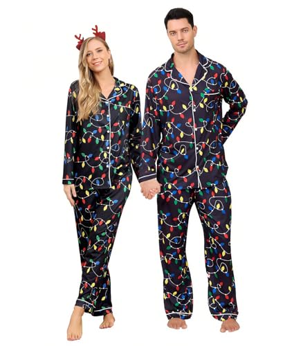 RAISEVERN Couples Christmas Matching Pajamas Women 2 Piece Xmas lights Pjs Family Holiday Long Sleeve Sleepwear Button-Down Shirt and Drawstring Pant Pyjama Set Soft Loungewear