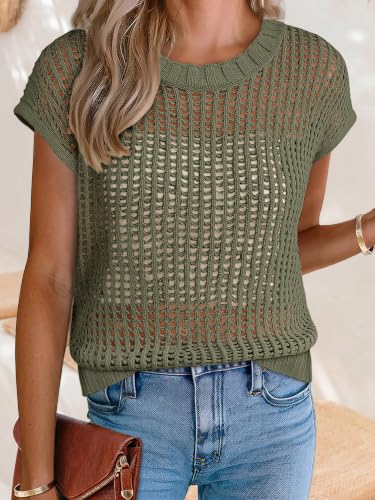 Image of ANRABESS Short Sleeve Sweater for Women Summer Crochet Knit Tops