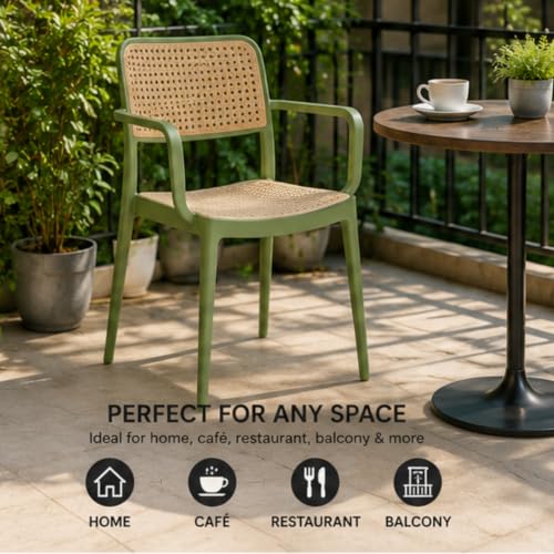 Image of NARSA Modern Rattan Style Dining Chair for Home & Cafe | Cane Pattern Plastic Chair with Ergonomic Backrest | Lightweight & Durable Indoor Outdoor Seating Chair (Green, with Arm, Set of 2)
