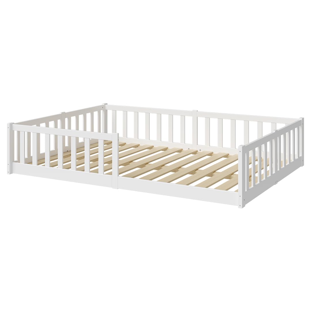 Bellabino Vere Bodenbett 140x200 cm – Montessori Kinderbett mit Rausfallschutz & Lattenrost – Massives Kiefernholz Bett Weiß