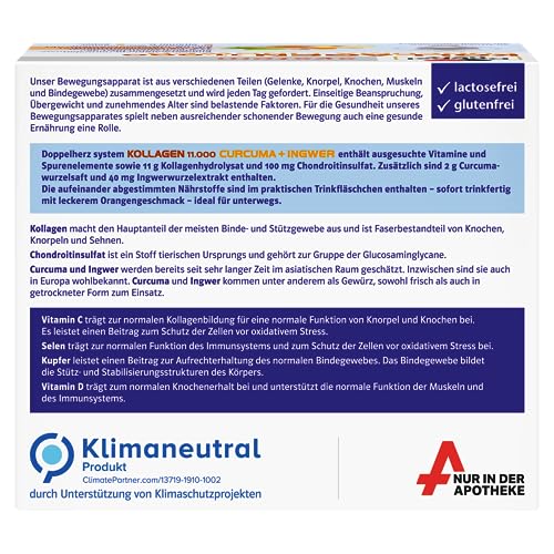 Doppelherz system KOLLAGEN 11.000 CURCUMA + INGWER – Vitamin C trägt zur normalen Kollagenbildung für eine normale Funktion von Knorpeln und Knochen bei – 2 x 30 Trinkfläschchen