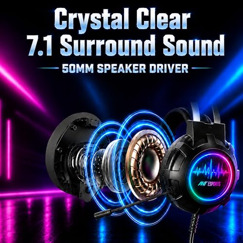 Image of Ant Esports H950 Pro Wired Gaming Headset for PC, Xbox, PS4 & PS5, 7.1 USB Surround Sound Wired Headphones, 50mm Drivers, Mirror RGB LED, Omnidirectional Mic & Noise Isolating Ear Cups - Black