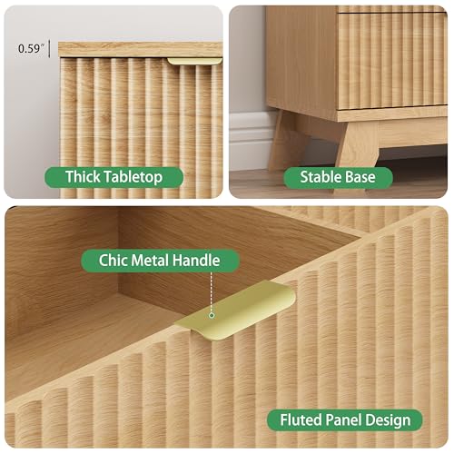 Image of Fluted Dresser for Bedroom with 6 Drawers, 46 inch Tall Modern Chest of Drawers with Metal Handle, Wooden Dresser TV Stand, Wood Closet Clothes Storage Organizer for Living Room, Hallway, Natural Oak