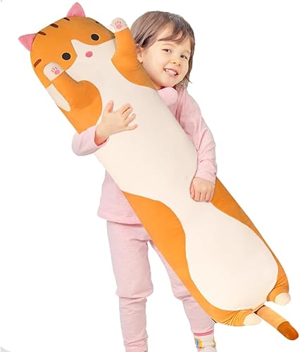 Almohada de felpa larga de gato naranja con animales de peluche suave para dormir, muñeca de juguete de regalo (naranja, 23 pulgadas)