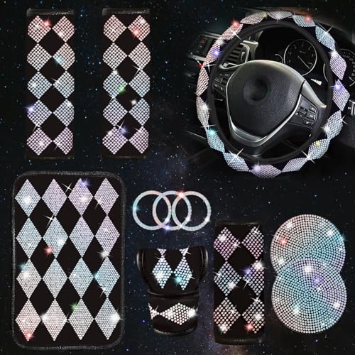 11 Pcs Bling Car Accessories Set for Women,Bling Steering Wheel Cover Universal Fit 15 Inch,Rhinestone Center Console Cover,Sparkling Seat Belt Shift,Cute Interior Sets for Car SUV(Multicolor2)