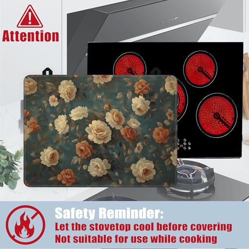 Image of Vintage Rose Flower Glass Top Stove Cover Protector,Retro Floral Heat Resistant Stove Top Cover, Large Size Range Covers for Electric Stove Countertop Mat, 28 x 20 Inch