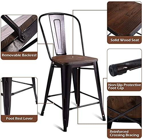 Kitchen Bar Chairs, Gentleshower Set Of 4 Rustic Metal Wood Bar Chairs Industrial Metal Counter Height Stackable Kitchen Dining Bar Stool Chairs With Wood Seat And Backrest,Copper #TOP4