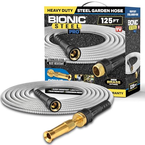 Bionic Steel Pro 125 FT Garden Hose with Nozzle, 304 Stainless Steel Metal Water Hose 125Ft, Flexible Hose, Kink Free, Lightweight & Durable, Crush Resistant Fitting, Easy to Coil, 500PSI- 2025 Model