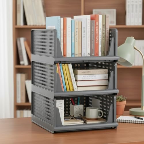 Image of MECHDEL Wardrobe Organizer for Storage /Polypropylene Foldable & Stackable Closet Basket /Cupboard Organizer for Clothes /Mounted Closet Systems (FOLDABLE BASKET-GREY, 3PCS)
