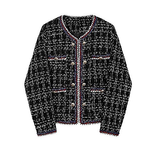 Women's Elegant Slim Fit Double Breasted Jacket Tweed Inlaid Plaid Check Long Sleeved Coat Blazer Vintage Outwear Black - Thumbnail 4