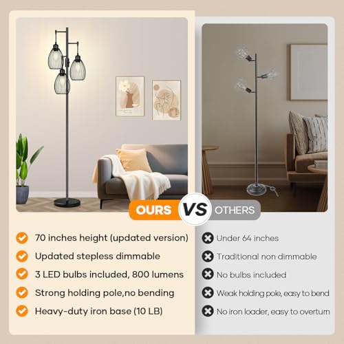 Image of Dimmable Floor Lamp,3x800LM LED Bulbs Included, Farmhouse Industrial Floor Lamp Standing Tree Lamp with Teardrop Cage Head Tall Lamp for Living Room Bedroom Office Dining Room - Black & Marble Base