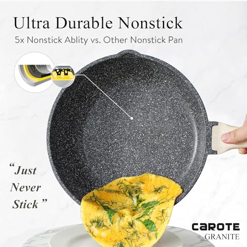 Image of CAROTE Induction Frying Pan, 28 cm Saute Pan with Lid, Non-Stick Coating for All Heat Sources Including Induction, PFOA Free, Wok for Everyday Cooking