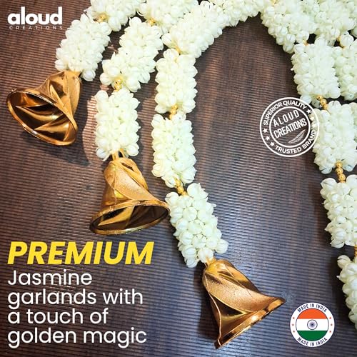 Image of ALOUD CREATIONS 6Pc Decorative Artificial Mogra (Jasmine) Flower Garlands String with Bell for Diwali, Home Decoration, Pooja Room, Wall Hanging Toran, Main Door Wedding Decor - 2.5 feet / 30 inches