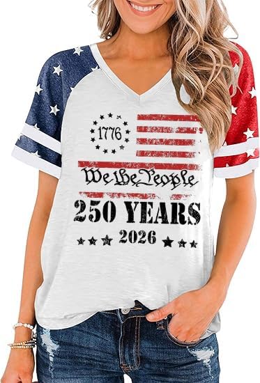 V Neck 4th of July Shirts for Women American Flag USA Graphic Patriotic T-Shirt Raglan Sleeve Tops Summer Tee