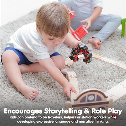 Image of PlanToys Wooden Train Station Pretend Play Set for Kids | Montessori Transportation and Travel Imagination Toy | Eco Friendly Wooden Train Station Playset for Creative Role Play