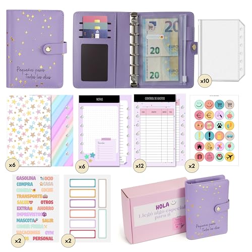 WHEN PIGS FLY - Libreta de Ahorro A7 Completamente en Español - Cuaderno de Ahorro - Carpeta Ahorro Dinero Español - Organizador de dinero - Carpeta de Ahorro de Dinero (Morado)