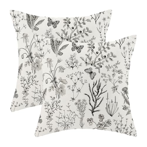 Image of AEIOAE Spring Pillow Covers 24x24 Inch Set of 2,Black Gray Wild Flower Plant Throw Pillows Case,Seasonal Floral Outdoor Decorative Square Linen Farmhouse Decor Cushion Covers for Home Sofa Bed Couch