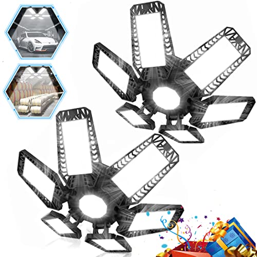 2 Pack 200W Ceiling LED Garage Lights - 20000lm, 6 Deformable Panels, 6500K Daylight Bulbs, E26/27 Socket