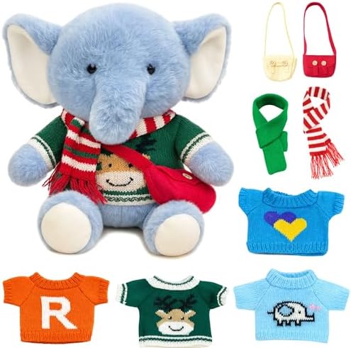 Elephant Stuffed Animal with 8 Clothes & Accessories, 12 in Cute Elephant Stuffed Animal Plush, Dress Up Plush Toy Gift for Kids, Birthday Gift or Travel Buddy