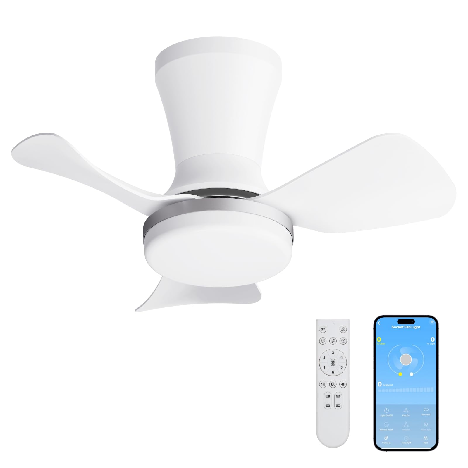 LANMEL Metal Ceiling Fan with Lights and Remote, 22 Inch, Silver &amp; White