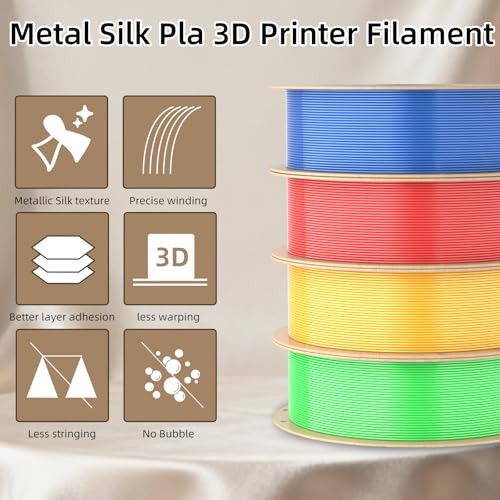 Image of 3DHoJor Silk PLA Filament 1.75mm, PLA Filament 1.75mm Silk Shiny 3D Printer Filament, 1kg*4 Cardboard Spool, Dimensional Accuracy + /- 0.03 mm, Fit Most FDM Printer(Gold+Red+Green+Blue)