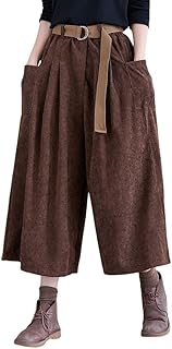 Women's High Elastic Waisted Wide Leg Cropped Corduroy Capri Pants Culot...