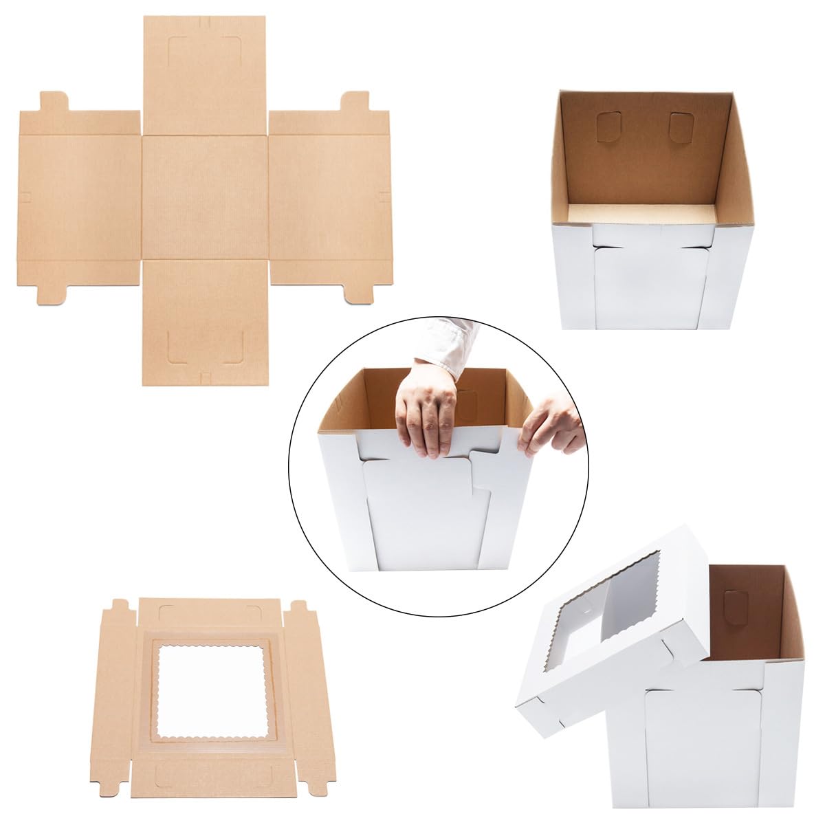 JJO Cajas altas para pasteles de nivel, 14 x 14 x 12 pulgadas, paquete de 3 cajas escalonadas para tartas con ventana, contenedores desechables para tartas, soporte alto resistente, portador de