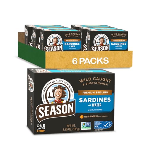 Season Brisling Sardines in Water - Wild Caught, 13g of Protein, Keto Snacks, More Omega 3's Than Tuna, Kosher, High in Calcium, Canned Sardines, One Layer - 3.75 Oz Tins, 6-Pack