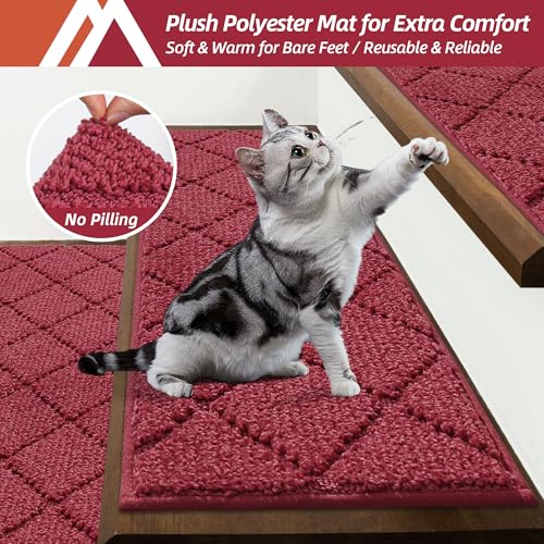 Image of COSY HOMEER Edging Stair Treads Non-Slip Carpet Mat 28inX9in Indoor Stair Runners for Wooden Steps, Edging Stair Rugs for Kids and Dogs, 100% Polyester TPE Backing (4pc, Red)