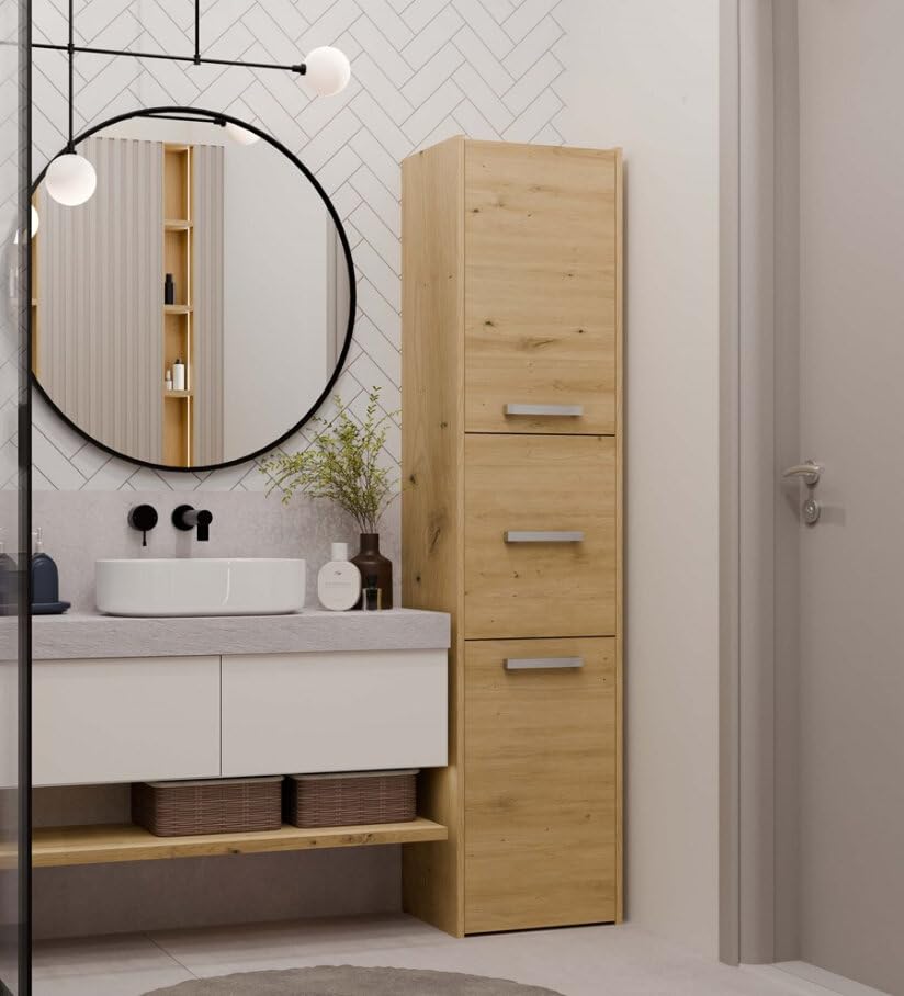 BDW - Armario de Baño Corredera - Armario de Baño Alto - 170x40x30 cm - 3 x Puertas con Tiradores, amplios estantes en el Centro, Lado de Apertura de la Puerta Seleccionable - Roble Artesano