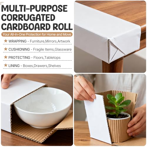 Image of Corrugated Cardboard Roll, 12 x 394 Single Face Large Cardboard Sheets Thick Corrugated Cardboard Paper for Crafts, Shipping, Mailing, Gift Packaging, DIY Projects, Modeling(White)
