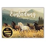 HIDEBLOOM Pferde Einladungskarten Kindergeburtstag Jungen und Mädchen- 12 Stück - DIN A6 (10,5 cm x 14,8 cm) - Geburtstagseinladungen Einladungskarten Geburtstag - Herde Steppe