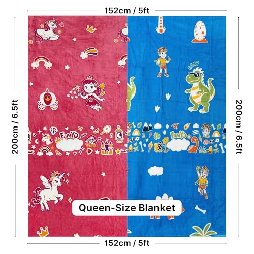 Image of Famyo Glow in The Dark Blanket for Kids, Pack of 2, Queen Size | June Unicorn & Rexy Dinosaur Glow Blankets, 200x152 cm, All-Season, Double /Queen Bed, AC Blanket for Kids, Birthday Gift Set