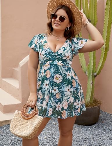 Image of Blooming Jelly Women's Plus Size Bathing Suit One Piece Swim Dress Tummy Control Swimsuits Ruffle V Neck Swimwear