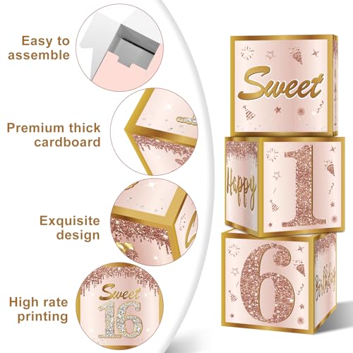 Image of Guiruiy 3Pcs Sweet 16 Party Decorations Boxes for Girls Women, Pink Rose Gold 16th Birthday Balloons Boxes Party Supplies, Pink Sweet Sixteen Bday Theme Cardboard Box Decor