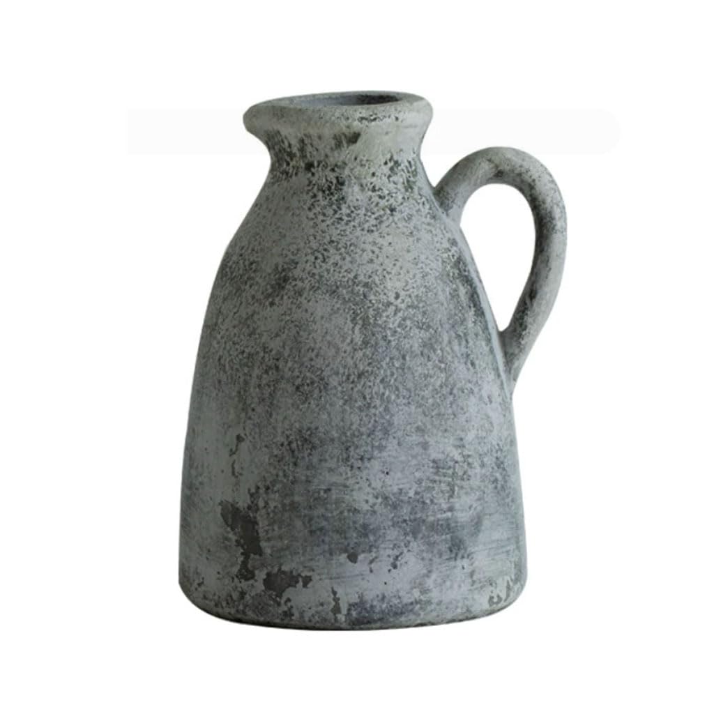 Jarrón de cerámica Jarra de Barro rústica Jarrón de cerámica Decoración de Mesa con Superficie desgastada, jarrón de Flores Vintage con asa/Anillo como Regalo para mudanza y Boda,Gris,A